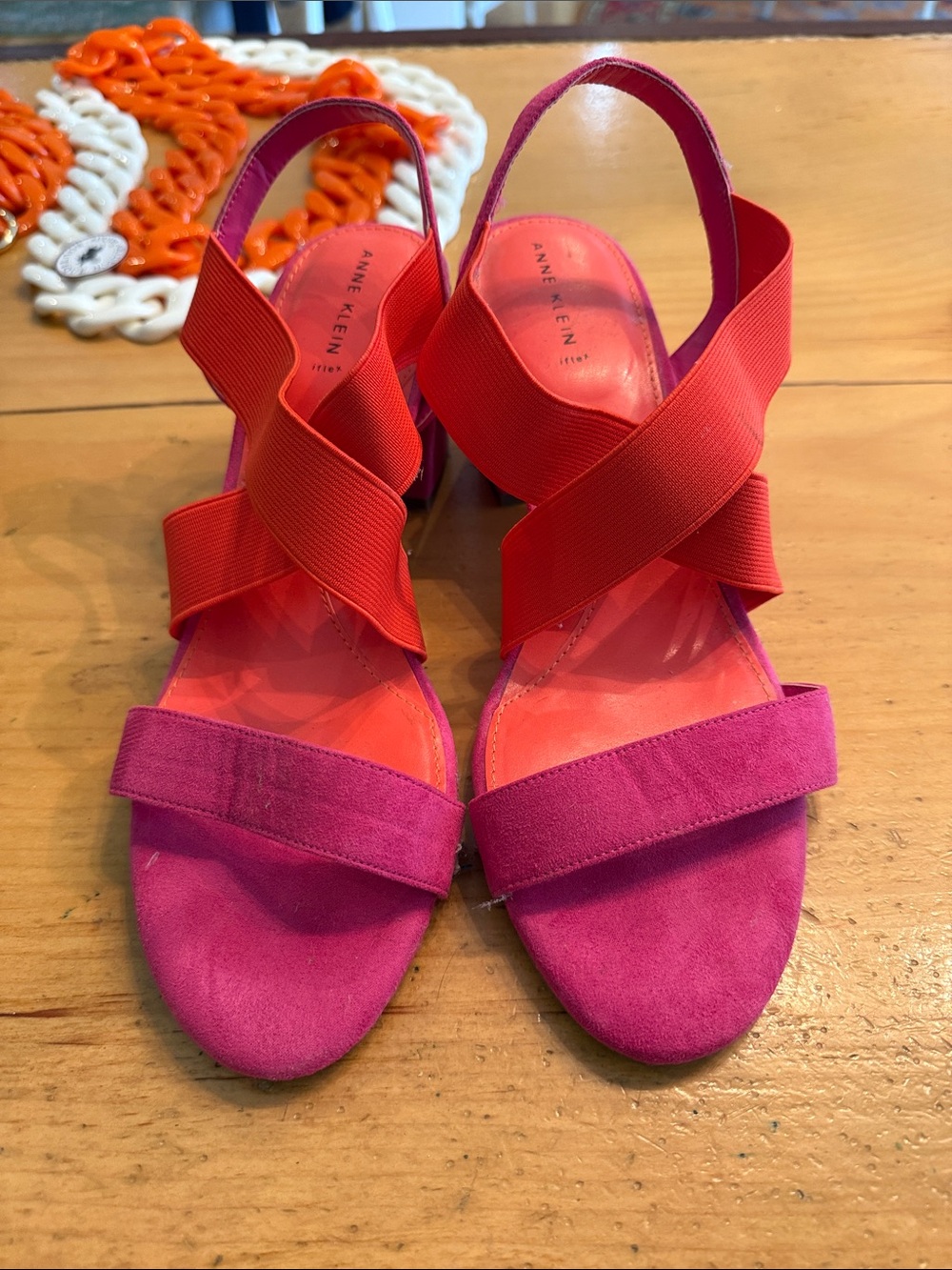 Anne Klein Fuchsia Pink and Bright Red Cross-Strap Slingback Heels